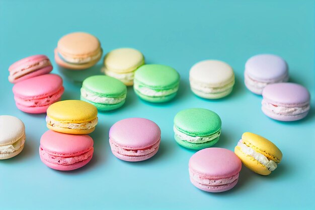 Buntes Macarons Dessert mit pastellfarbenem Hintergrund hautnah