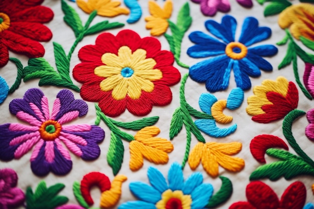 Buntes mexikanisches Stickerei-Blumenmuster. Vintage-Blumenhintergrund. Ai generiert