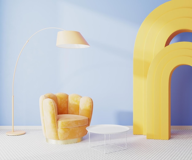 Buntes, modernes Interieur mit gelben Möbeln und Bögen mit blauer Wand 3D-Rendering