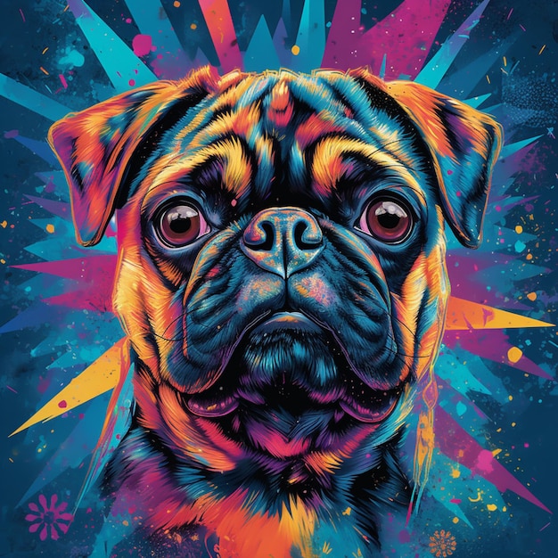 Buntes Mops-Hundeporträt auf blauem Hintergrund mit generativen KI-Spritzern