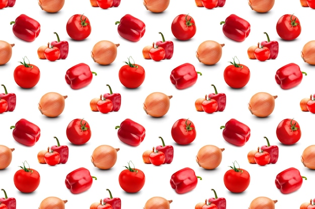 Buntes, nahtloses Muster aus Gemüse auf weißem Hintergrund Rote Paprikazwiebeln und Tomaten