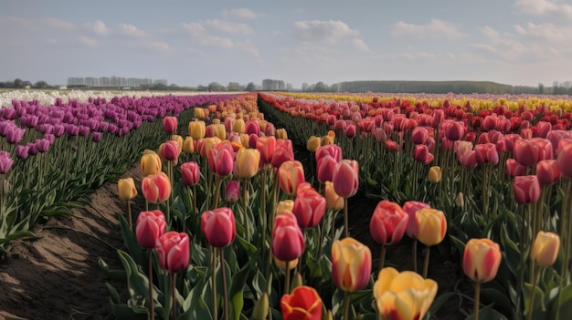 Buntes offenes Feld mit schönen Tulpen Generative AI