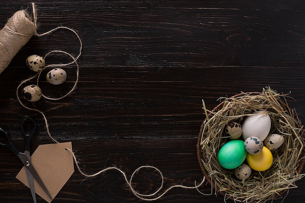 Buntes Osterei im Nest auf dunklem Holzbrett