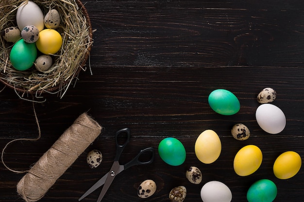 Buntes Osterei im Nest auf dunklem Holzbrett