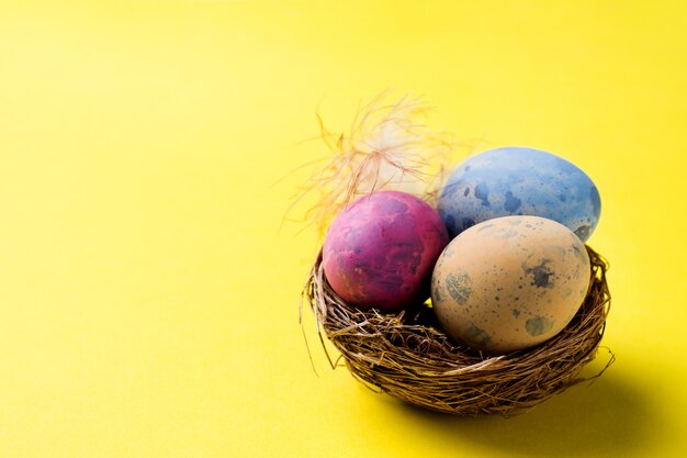 Buntes Osterei im Nest auf gelbem Hintergrund