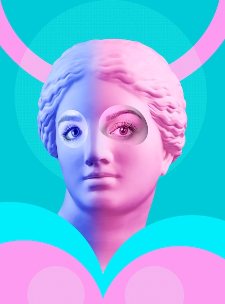 Buntes Plakat der modernen Konzeptkunst mit alter Statue des Kopfes der Venus von Milo und Details des Gesichts einer lebenden Frau. Zeitgenössische Kunstcollage.