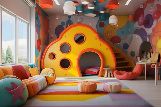 Buntes Schlafzimmer voller Spielzeug. Kinderspielzimmer