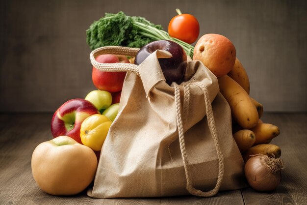 Buntes Sortiment an frischem Obst und Gemüse, das aus einem geflochtenen Korb auf einen Holztisch verschüttet wird