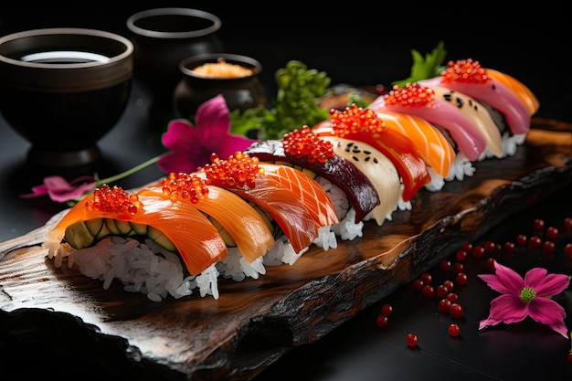 Buntes Sushi-Festmahl, Sashimi-Rollen und zarte Details generieren IA