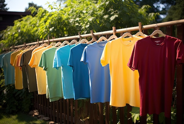Buntes T-Shirt im Hinterhof einer städtischen Farm im Stil monochromatischer Farbpaletten