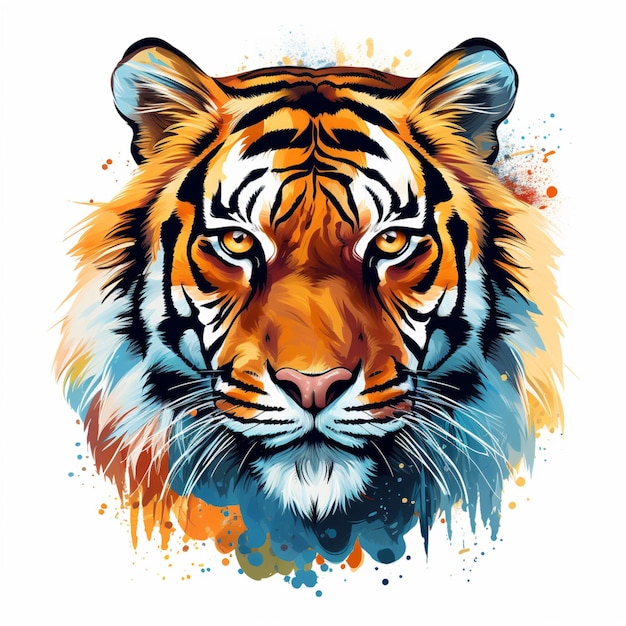 Buntes Tigerporträt auf weißem Hintergrund mit generativen Aquarellspritzern
