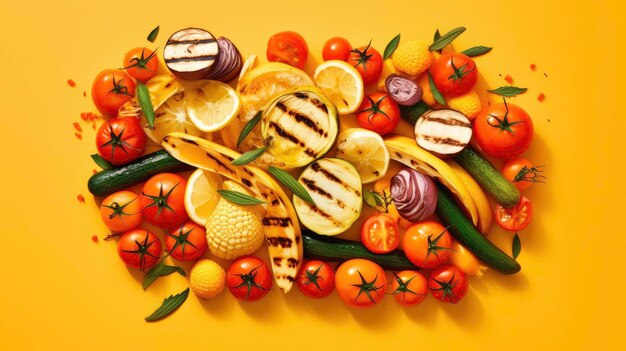 Buntes und gesundes gegrilltes Gemüse auf orangefarbenem Hintergrund, generiert von KI