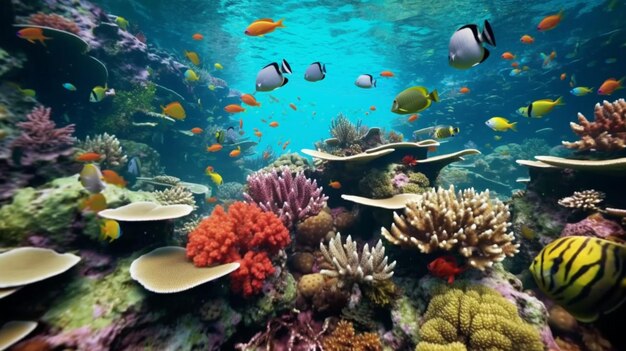 Buntes Unterwasserriff mit vielen bunten Fischen, generative KI