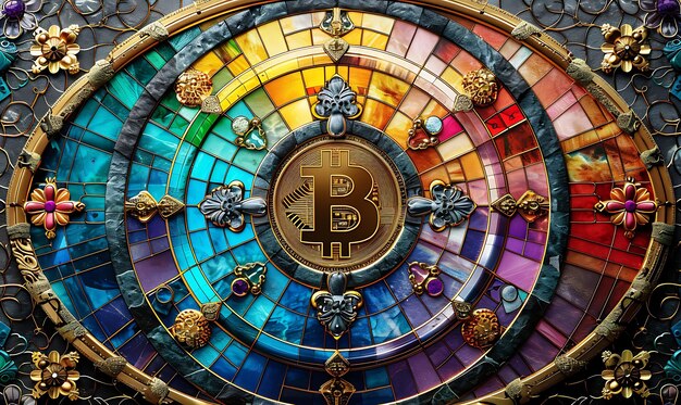 Buntglas-Wandpapier mit einem Bitcoin-Design, das aus In Illustration Crypto Trading Backgroundt besteht