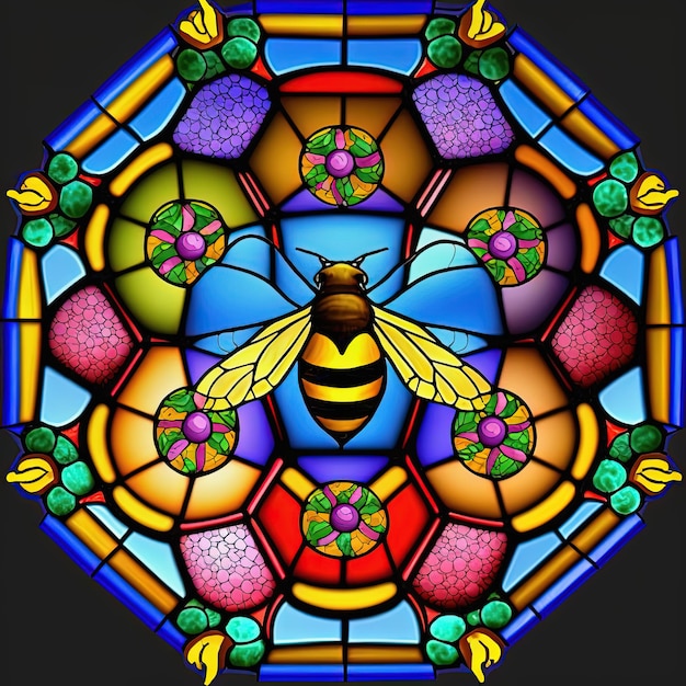 Buntglasfenster mit Biene Generative KI Basiert nicht auf einer tatsächlichen Szene oder einem Muster
