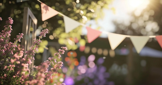 bunting é pendurado acima de flores em um pátio ou quintal em uma festa