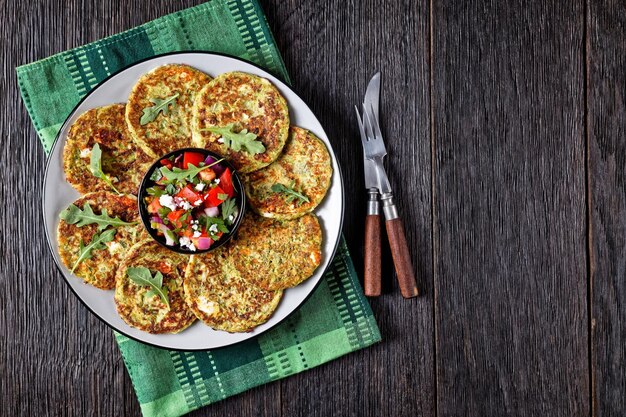 Foto buñuelos de calabacín con eneldo servido con ensalada de tomate con queso feta fresco en un plato sobre una mesa de madera vista horizontal desde arriba espacio libre plano