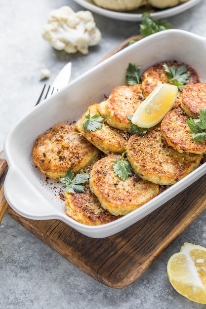 Buñuelos de verduras de coliflor vegana en la mesa de la cocina. Tortitas o chuletas vegetarianas fritas. El concepto de comida rápida.