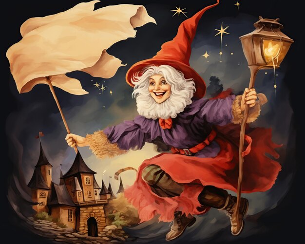 Buona Befana tarjeta de felicitación vieja bruja volando en una escoba en la noche para traer regalos