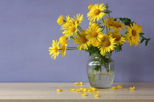 Buquê amarelo desintegrando-se sobre um fundo roxo. margaridas do jardim em uma jarra de vidro em cima da mesa.