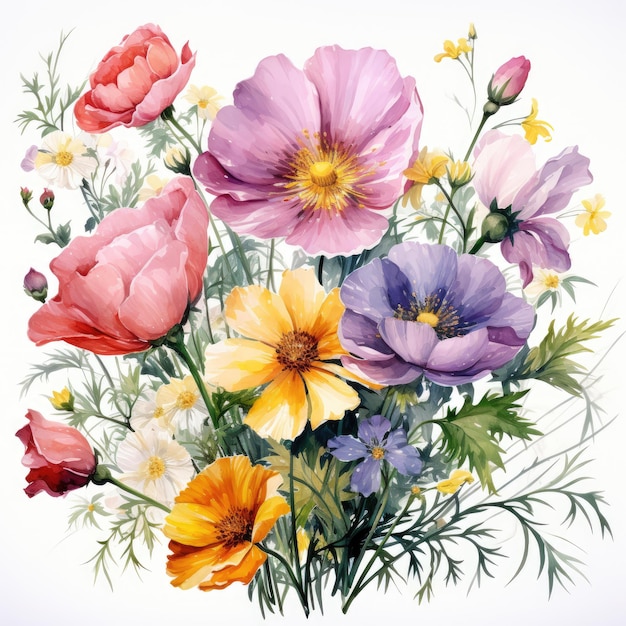 Buquê aquarela de lindas flores coloridas diferentes em um fundo branco IA generativa