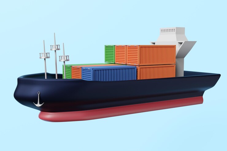 Buque de carga con contenedor en el transporte oceánico aislado en fondo azul transporte marítimo de mercancías o transporte marítimo concepto ilustración 3d o ruta de recorte de renderización 3d