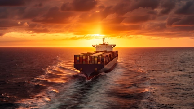 Buque de carga con contenedores en el océano entrega marítima internacional en el fondo del cielo del atardecer ai generativo