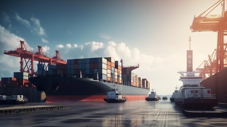 Buque de carga de contenedores con puente de grúa en funcionamiento al atardecer para Logistic Import Export backgroundgenerative ai