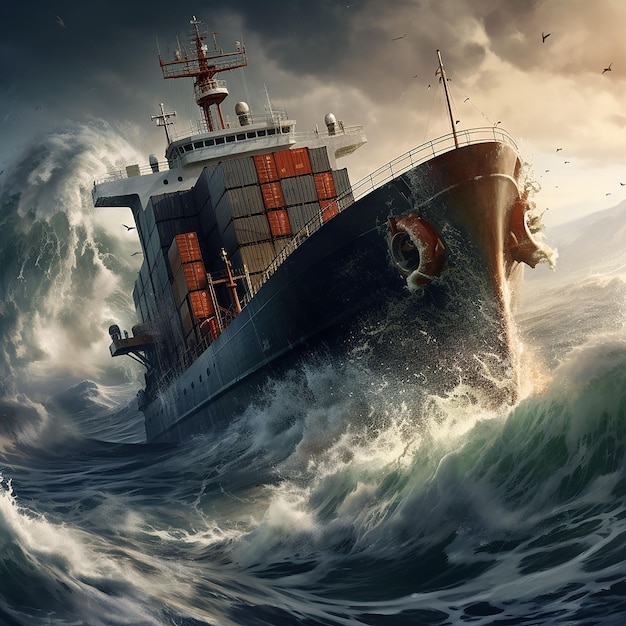 Buque de carga en un mar tormentoso Ilustración de renderización 3D generada