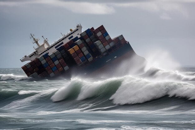 Buque de carga naufragado con contenedores en un mar tormentoso con grandes olas IA generativa