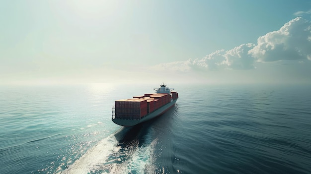 buque de carga que navega por aguas abiertas transportando contenedores llenos de mercancías para el comercio internacional