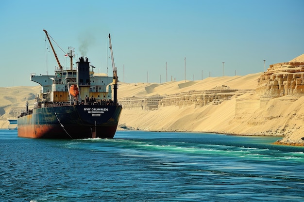 Buque de carga en tránsito por el Canal de Suez, Egipto