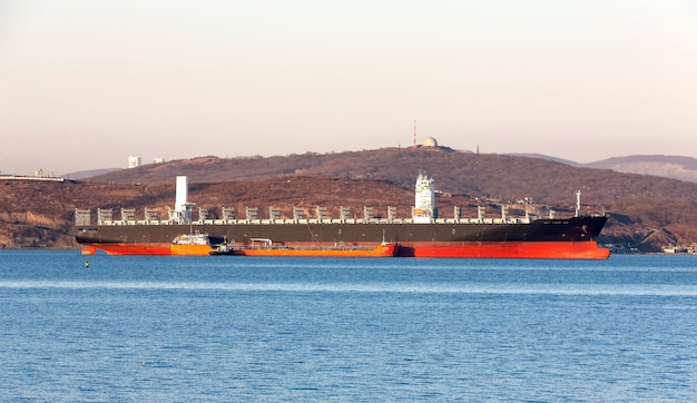Buque carguero contenedor vacío esperando en Vladivostok, Rusia