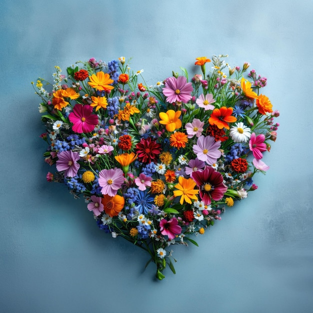 Buquê colorido de flores silvestres em forma de coração em fundo azul