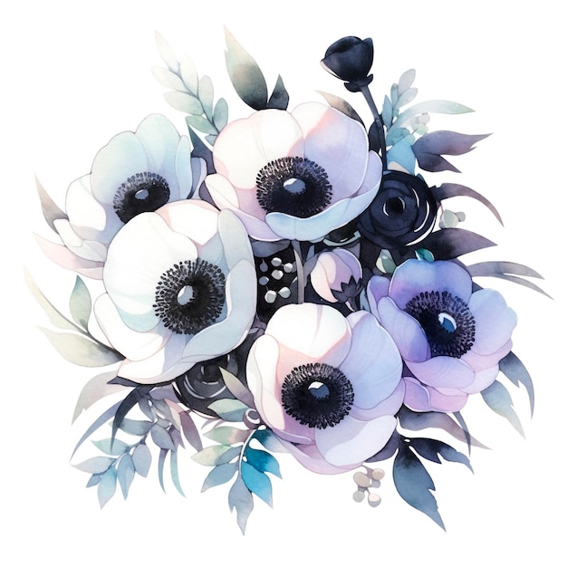 Buquê de anêmonas bonito preto e branco Ilustração a aquarela perfeita para coroas de flores arranjos convites de casamento aniversário cartões postais cartões de saudação logotipo