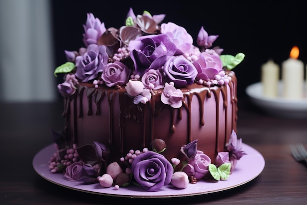 Buquê de bolo de chocolate com flores roxas