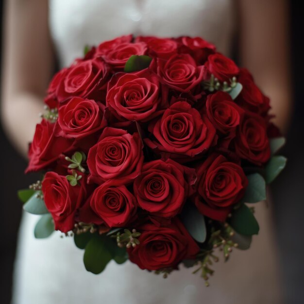 Foto buquê de casamento de rosas vermelhas nas mãos da noiva em um vestido branco