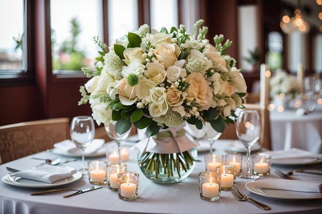 Buquê de casamento na mesa xdecoração de mesa de casamento no restaurantex9