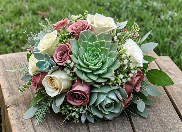 Buquê de casamento rústico com rosas e suculentas na grama verde