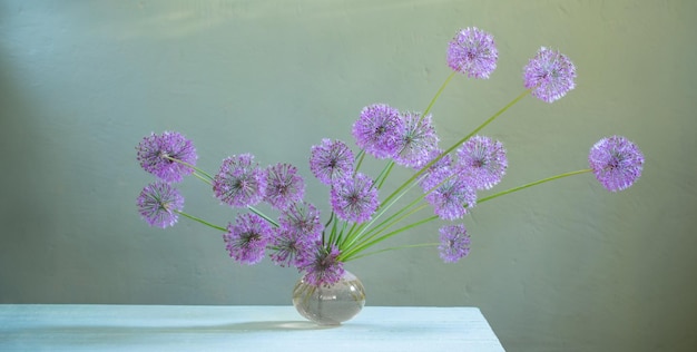 Buquê de cebolas decorativas floridas em um vaso de vidro