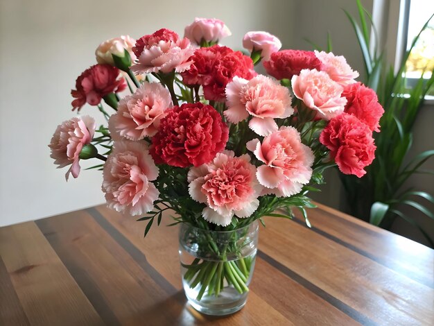 buquê de cravos rosados e vermelhos em um vaso de vidro