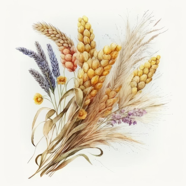Buquê de espigas de trigo amarelo em aquarela Ilustração AI GenerativexA