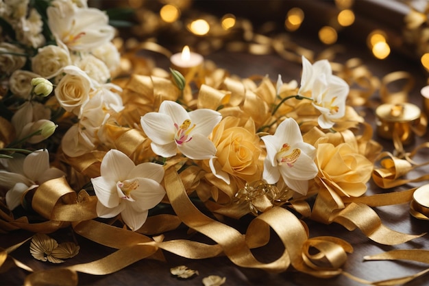 Buquê de flores brancas e fitas douradas em fundo de madeira