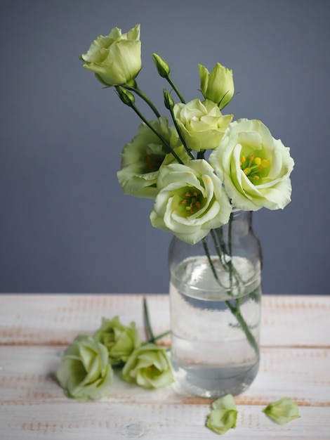 Buquê de flores brancas eustoma em um copo