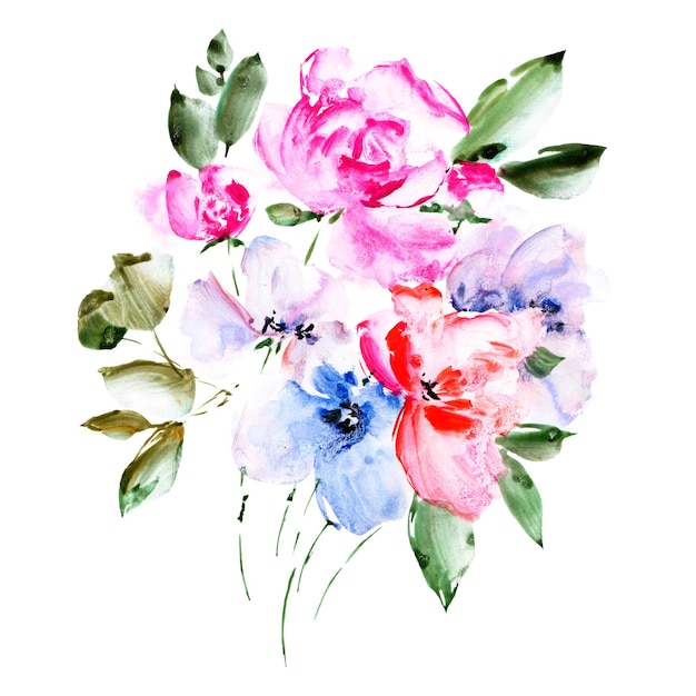 Buquê de flores brilhantes em aquarela Pintura floral Cartaz com flores coloridas Arte de buquê de casamento
