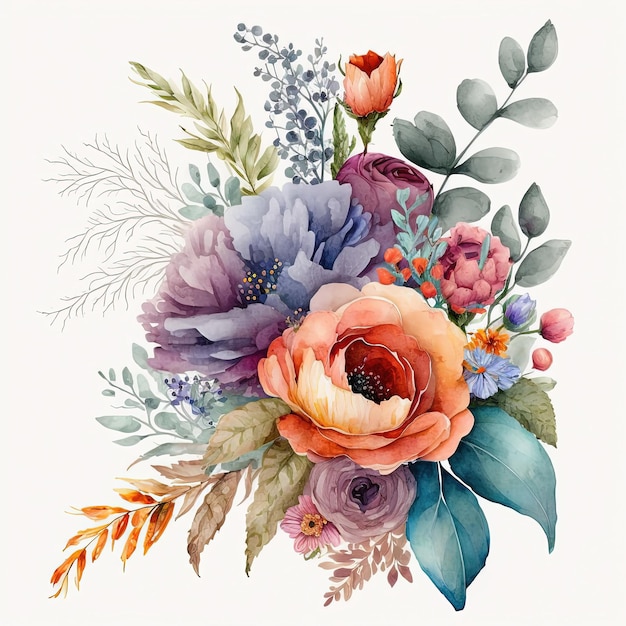 Buquê de flores coloridas em aquarela isolado no fundo branco Convite de casamento Impressão de arte botânica