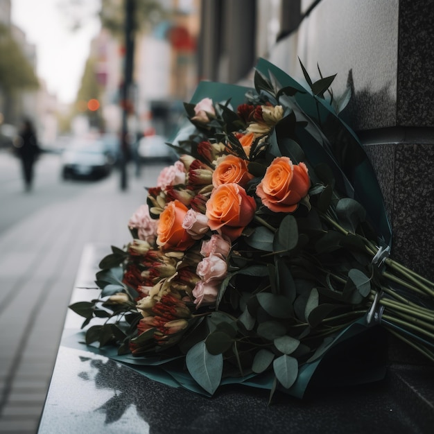 Buquê de flores com pano de fundo da cidade