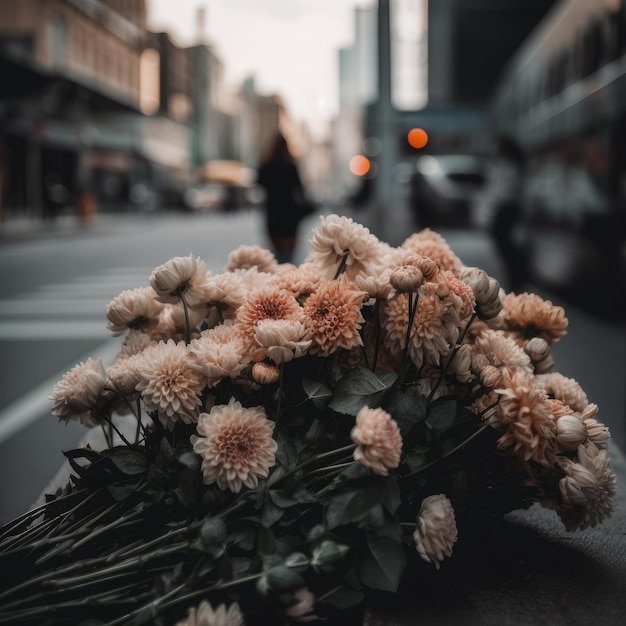 Buquê de flores com pano de fundo da cidade