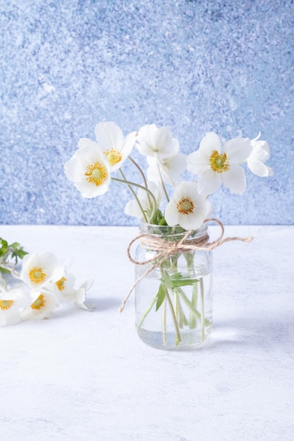 Buquê de flores de anêmonas em jarra Dia das Mães da Primavera ou 8 de março composição de natureza morta