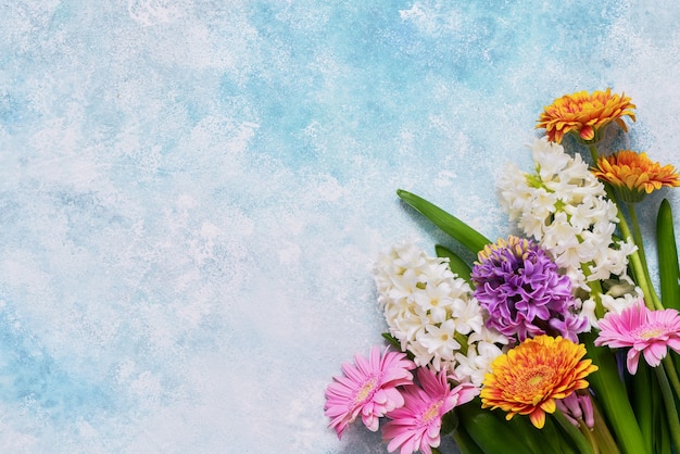 Buquê de flores de jacinto e gerbera em azul. Vista superior, copie o espaço. Dia das Mães, Aniversário